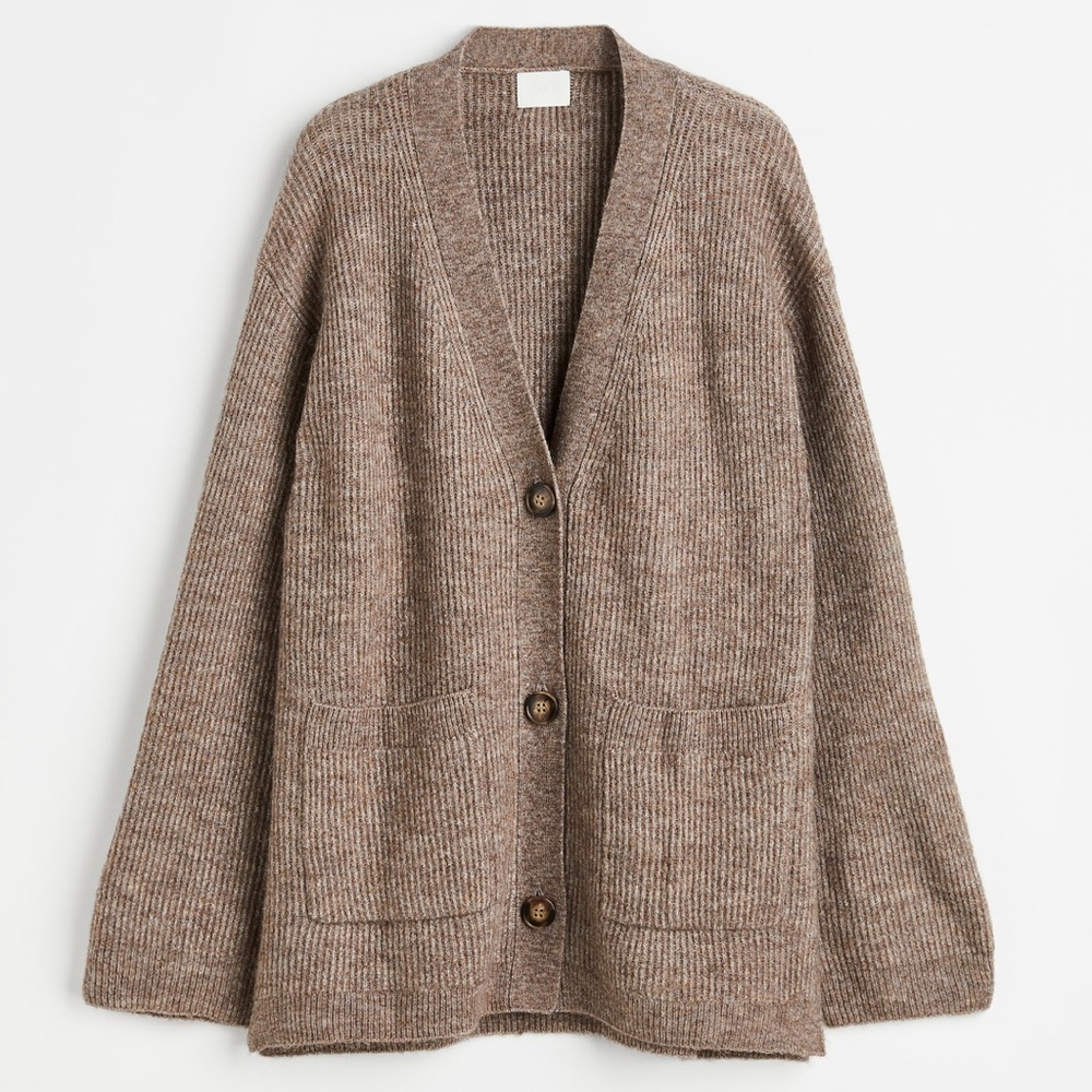 H&M Brown Cardigan Sweater with Oversized Fit and V-Neck